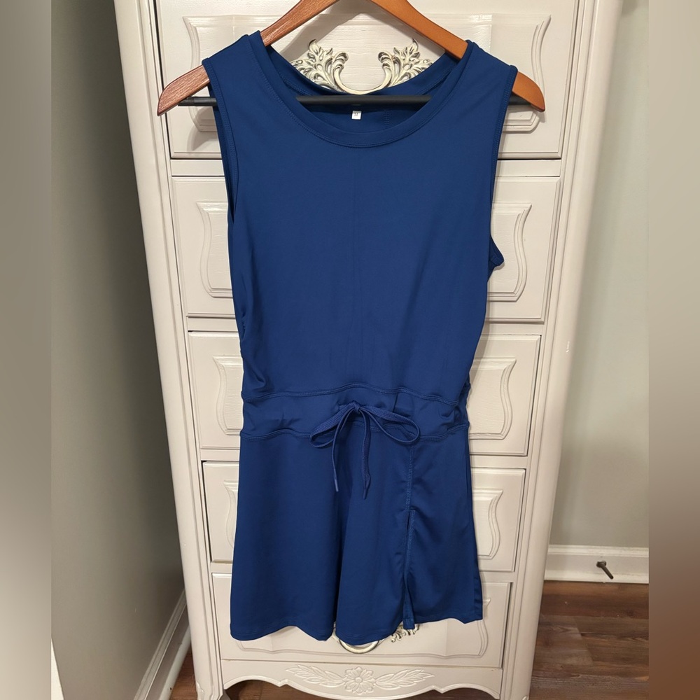 Blue backless romper with built in shorts